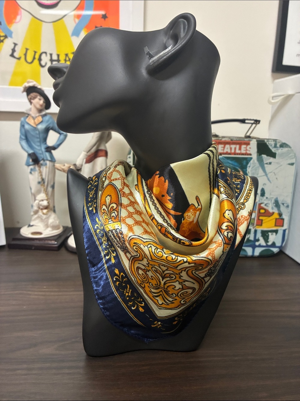 Silk-Feel Navy and Gold Equestrian Scarf Preppy Old Money